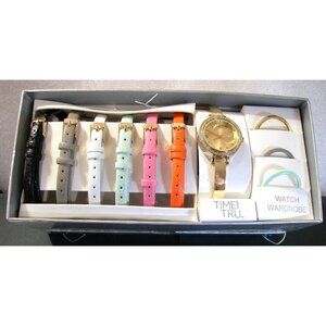 Time & Tru Womens Gold-Tone Watch With Interchangeable Bands & Bezels